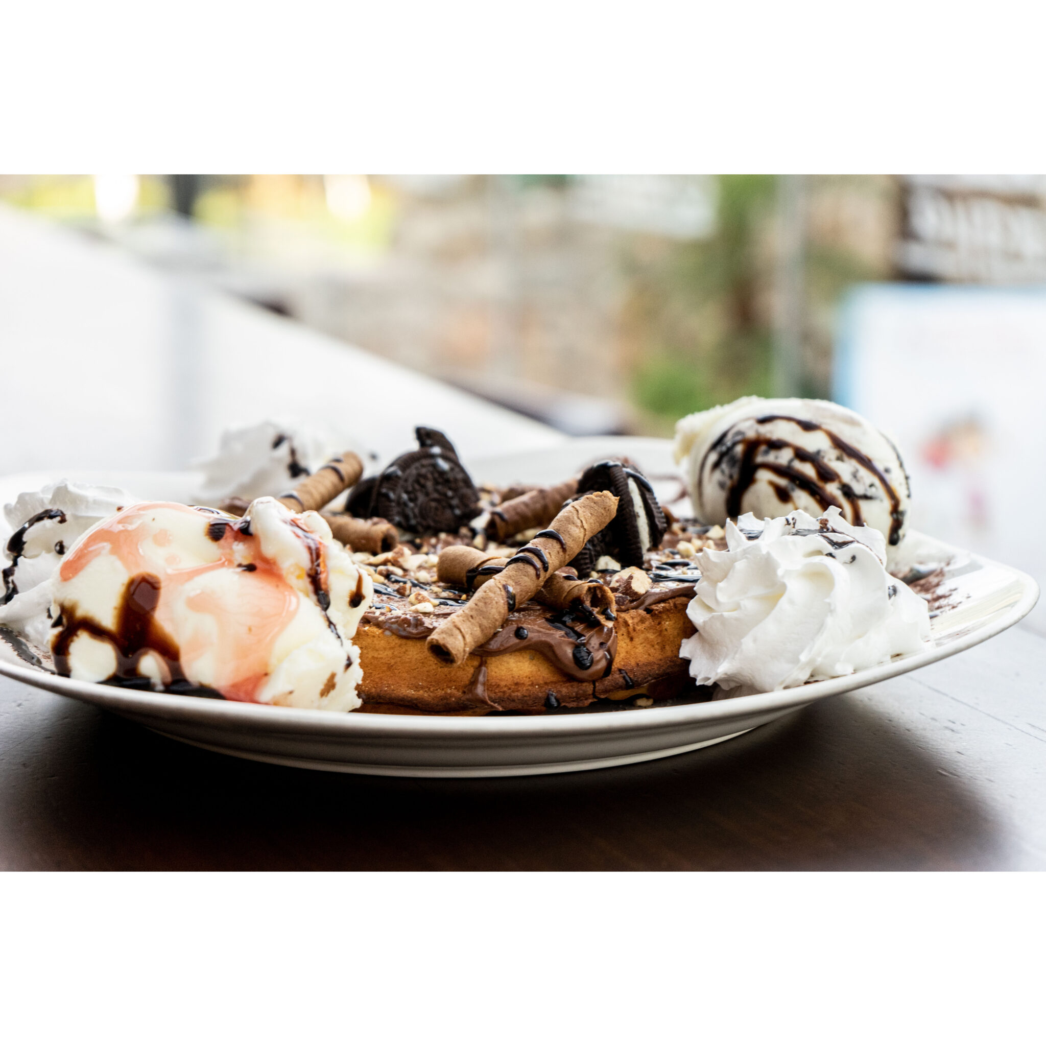 Chocolate waffle with ice cream