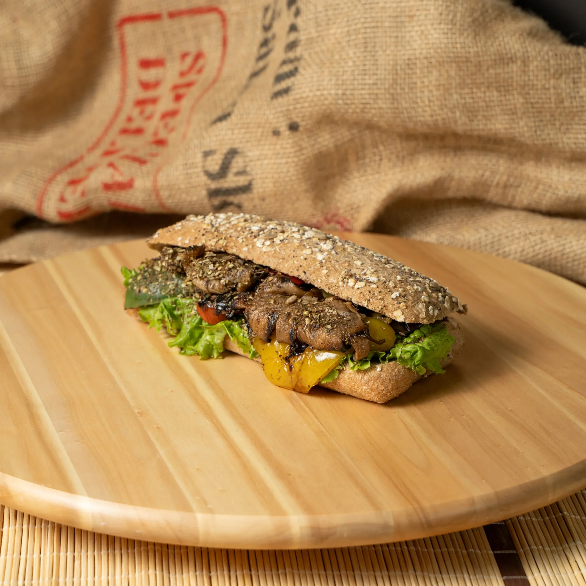 Sandwich with mushrooms and bell peppers